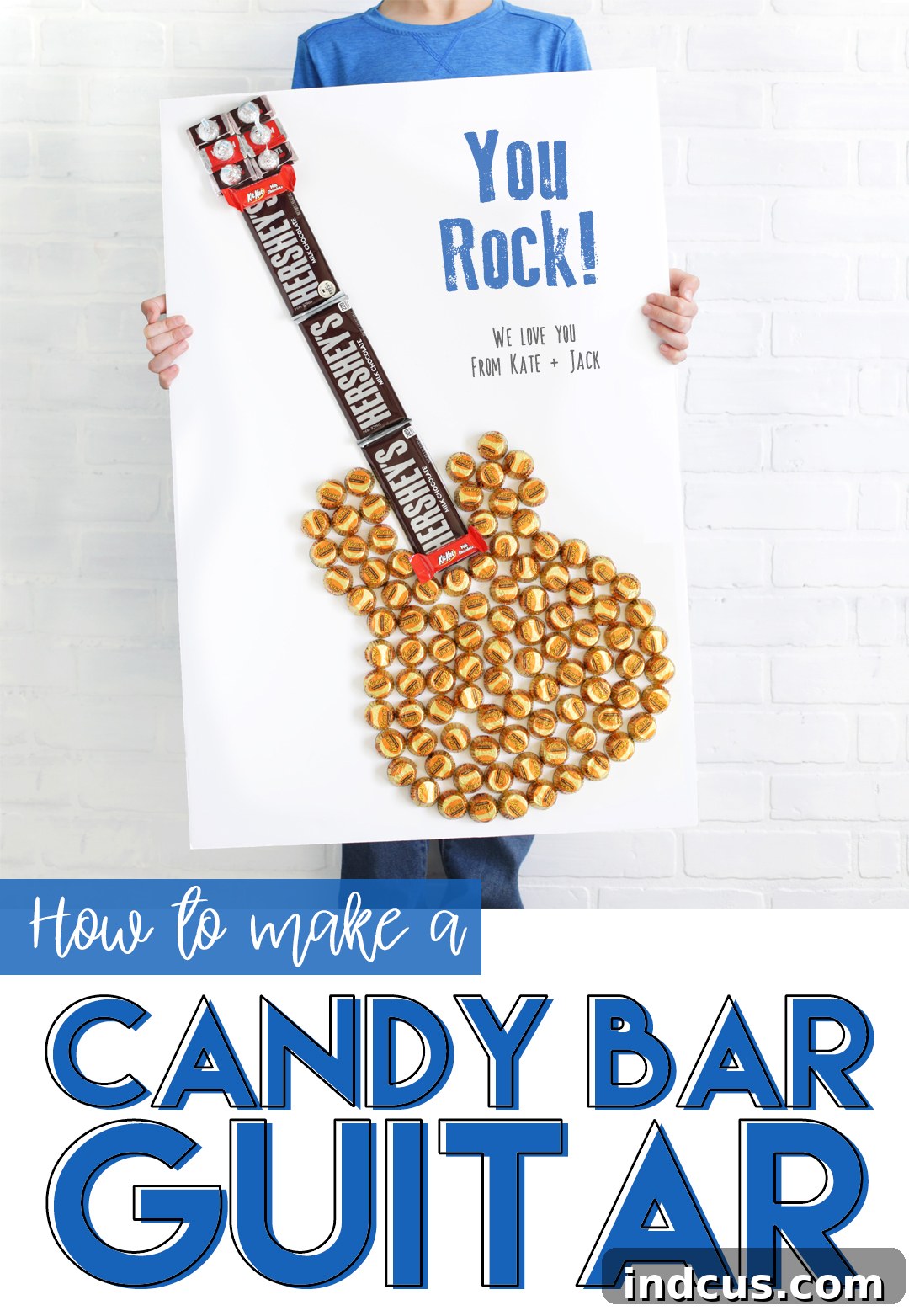 Large Pinterest-friendly image showing a complete DIY candy bar guitar with text overlay 'How to make a candy bar guitar'