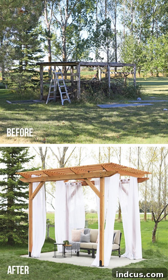Handcrafted Redwood Shade Solution 9 Dramatic before and after view of the backyard with the new redwood pergola