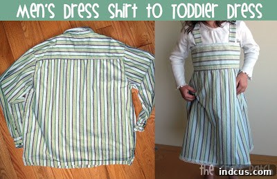 Finished toddler dress made from an upcycled men's shirt, featuring lace trim on the bodice and hem, presented beautifully.