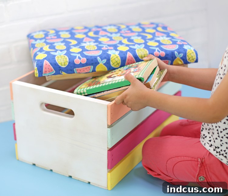 Finished DIY wooden crate with an upholstered lid