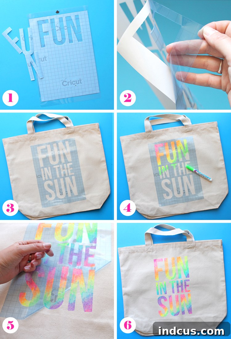 Close-up of a stencil being applied to a canvas tote bag, showing the precise placement required for a neat design.
