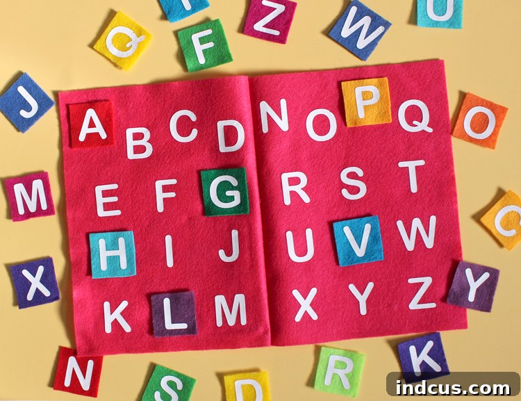 Detailed view of the DIY felt alphabet book craft for young learners
