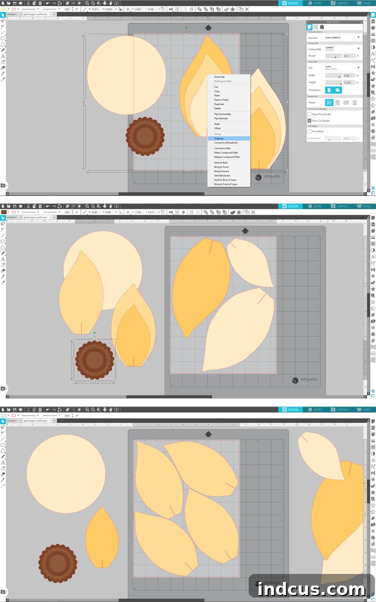 Crafting Giant Paper Sunflowers Your Complete Guide with Templates 4 Screenshot of cutting flower petals in Silhouette Studio software.
