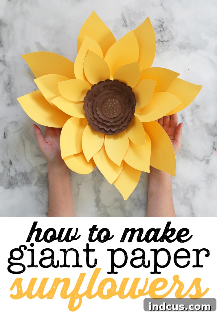 Crafting Giant Paper Sunflowers Your Complete Guide with Templates 6 Pin image featuring a giant paper sunflower and text for free template download.