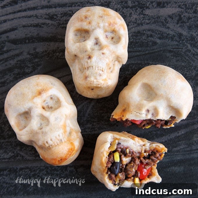 Burritos shaped like skulls using a special pan.