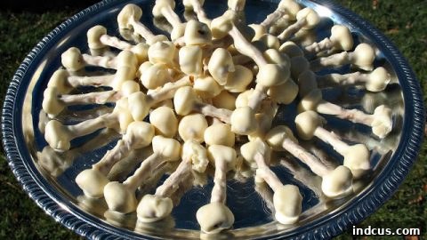 White chocolate-covered pretzel and marshmallow bones.