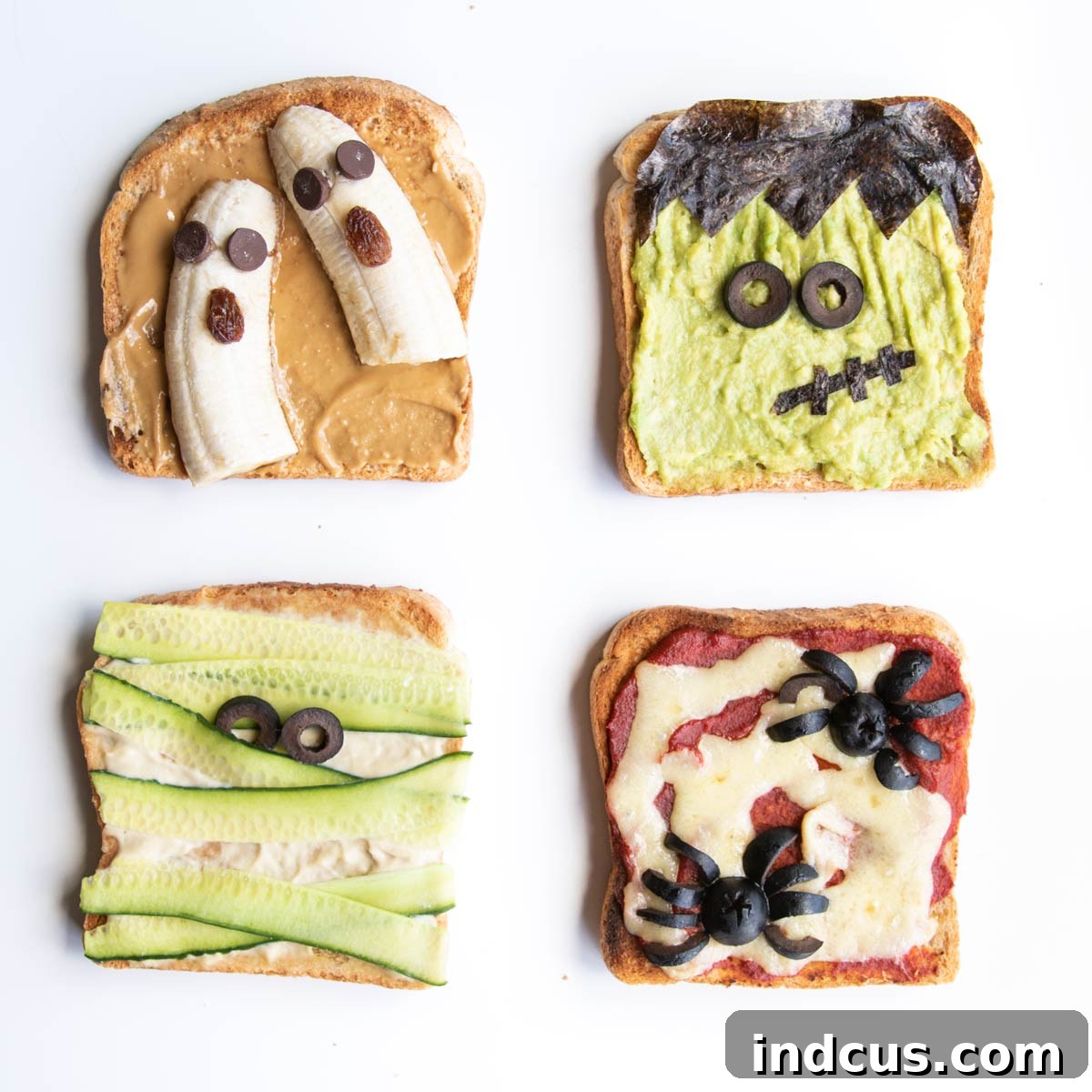 Four different Halloween toast ideas, including mummy toast and spiderweb toast.