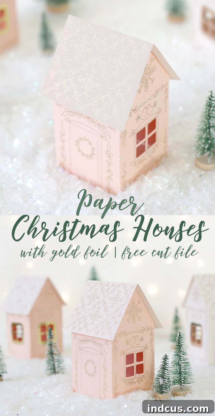 Final display of handcrafted miniature foiled paper Christmas houses, perfect for holiday decor.