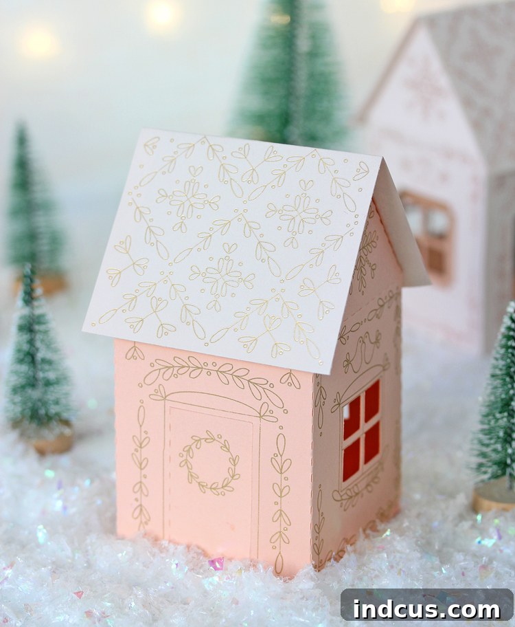 Detailed view of a paper Christmas house cut file, showcasing the intricate design ready for foiling.
