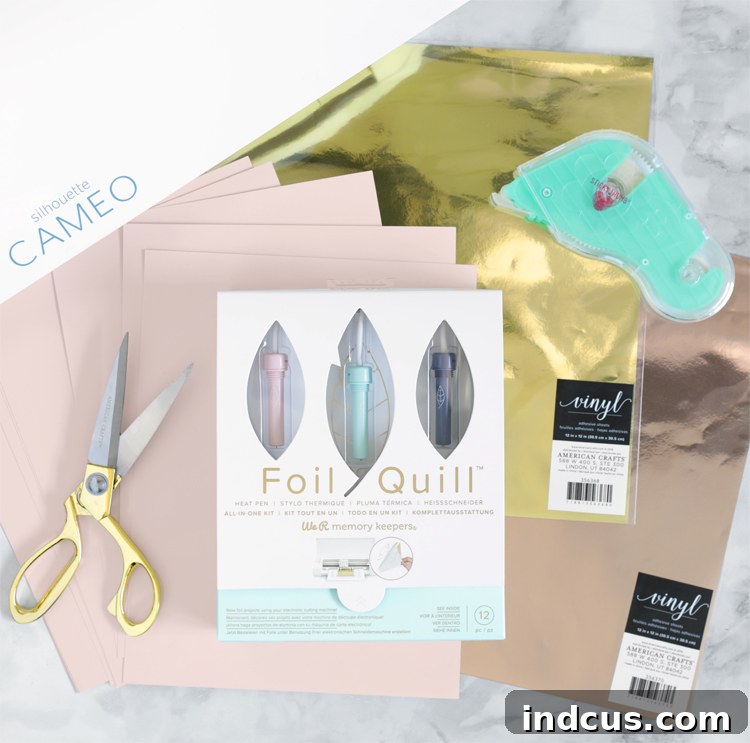 Close-up of the Foil Quill pen and metallic foil in action, demonstrating craft ideas.