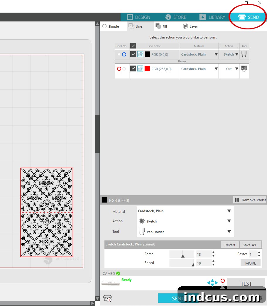 Screenshot of Silhouette Studio's 'Send' panel, demonstrating correct Foil Quill settings for foiling and cutting.
