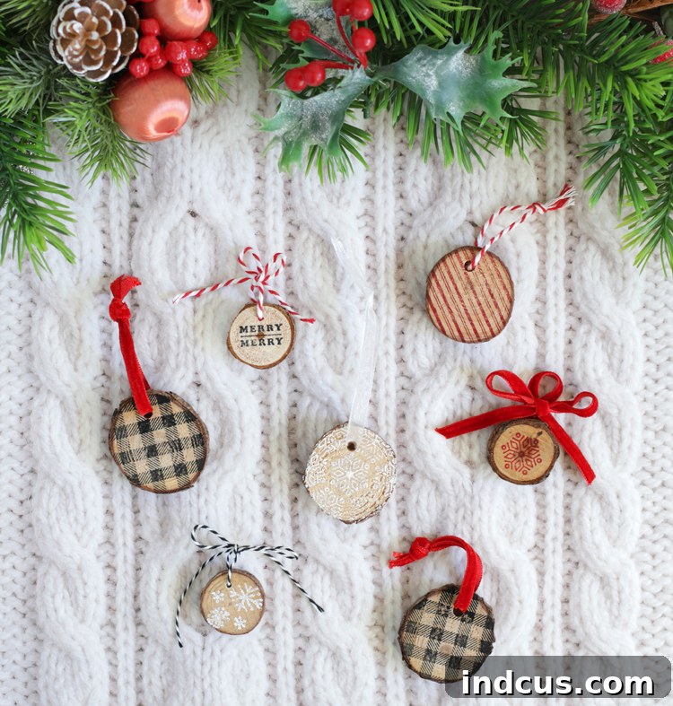 stamped wood slice christmas ornaments