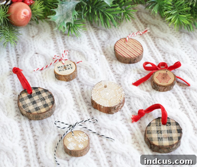diy stamped wood slice christmas ornaments