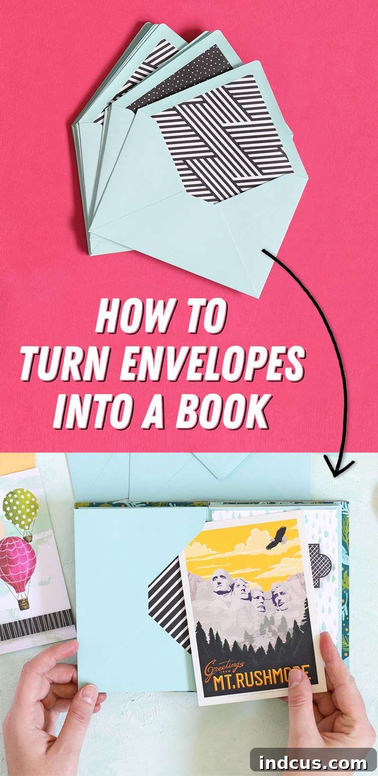 Pinterest pin graphic for the DIY envelope book tutorial, encouraging readers to save the project.