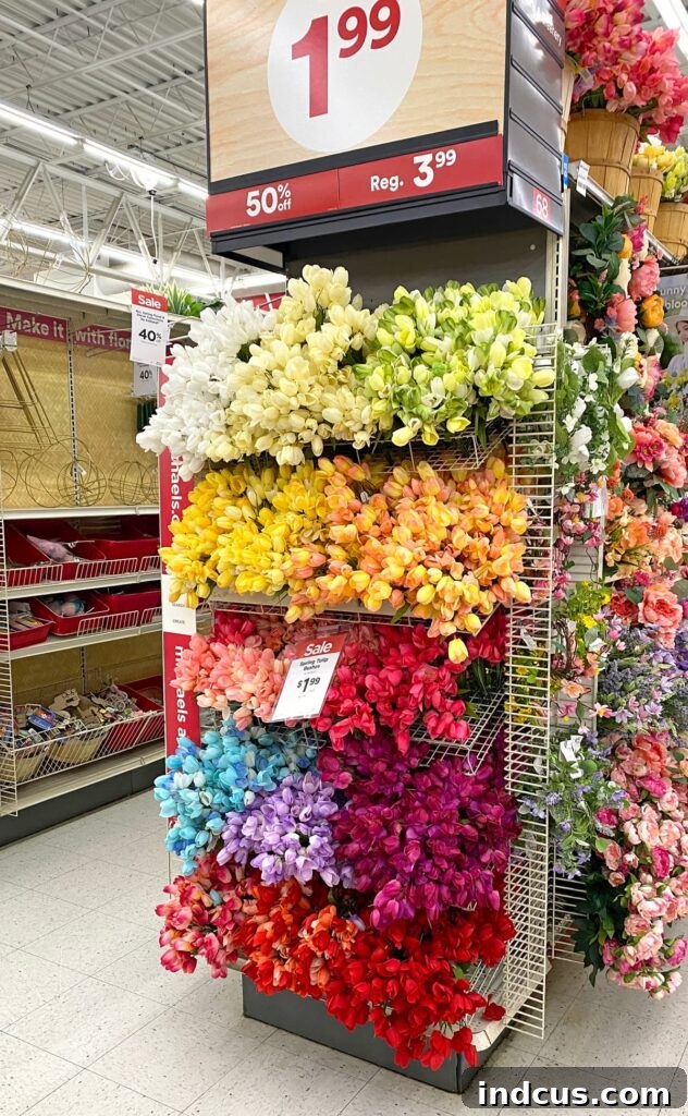 Close-up shot of mini tulip bunches available at Michaels craft store, showing a variety of colors