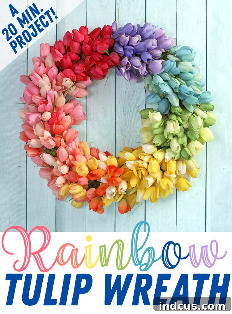 Pinterest graphic featuring the completed rainbow tulip wreath with text overlay for DIY tutorial inspiration