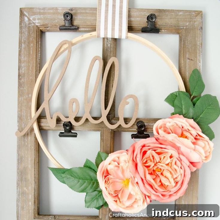 Layered Floral Embroidery Hoop Wreath with Word Cutout
