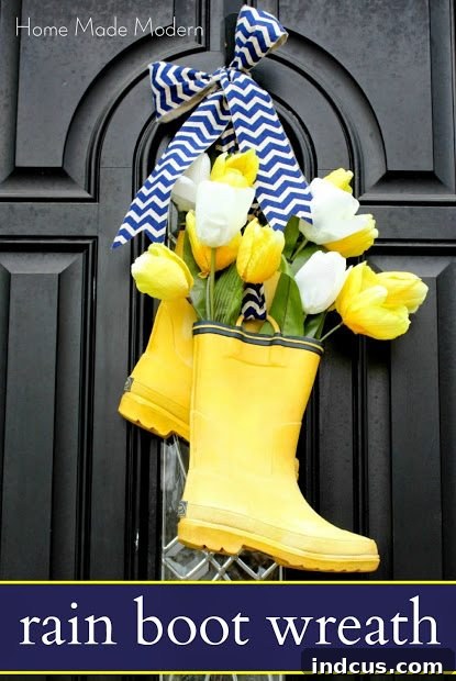 Darling Rain Boot Wreath filled with spring flowers