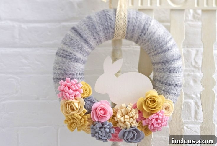 Adorable Felt Easter Bunny Wreath with colorful flowers