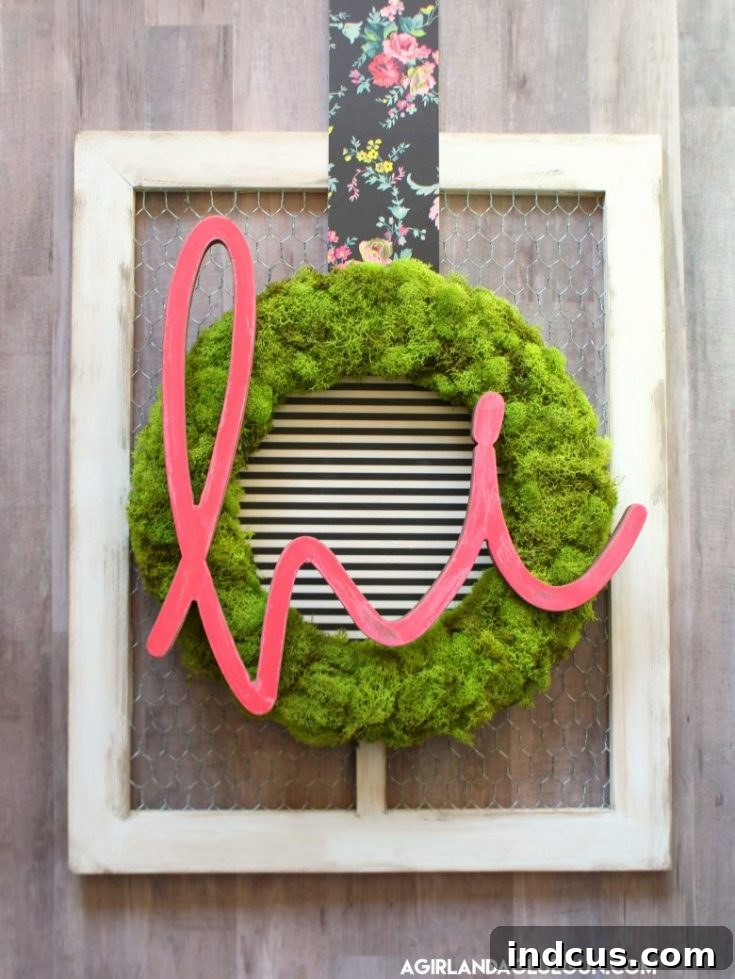Fun Spring Door Hanger with patterned fabric and hot pink accents