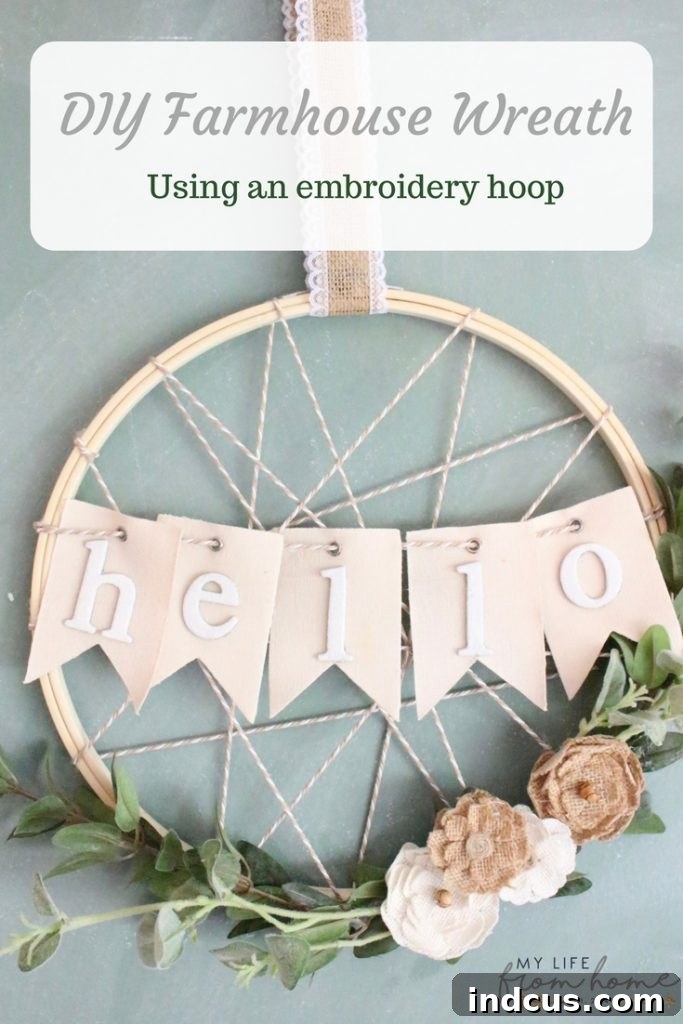 Charming Embroidery Hoop Hello Wreath with baker's twine