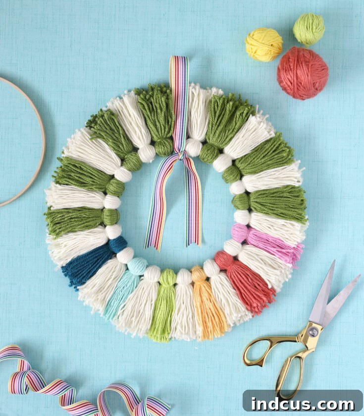 Textural DIY tassel wreath made from yarn