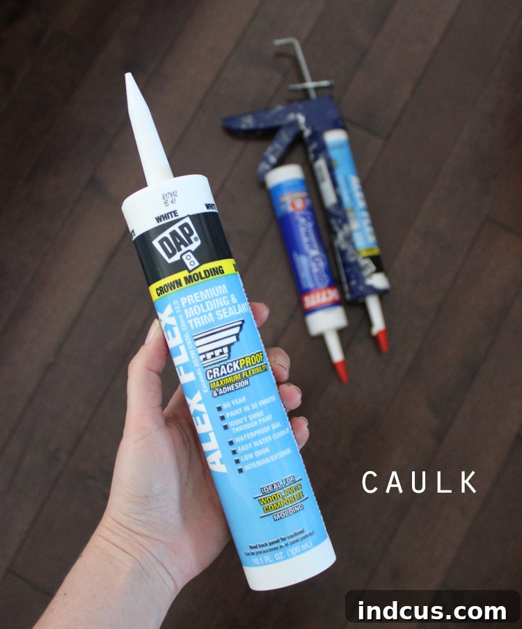 Comparison image showing crown molding before and after caulking, highlighting the improved seamless finish