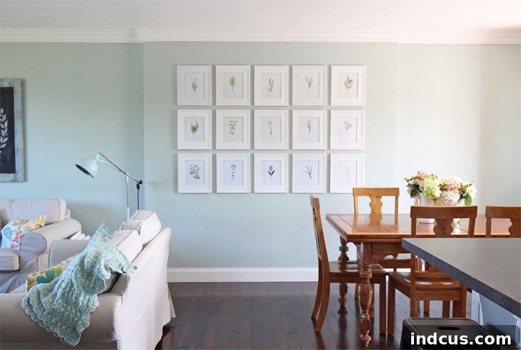 Living room interior after the installation of foam crown molding, showing enhanced architectural detail