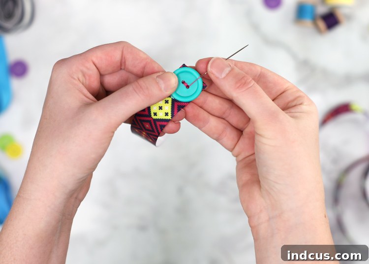 Attach buttons securely to ribbon ends for mask loops
