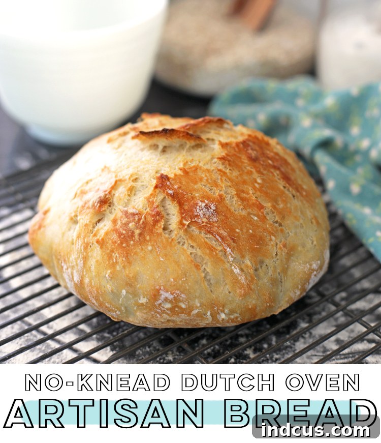 A Pinterest-friendly image of the no-knead Dutch oven bread for easy saving