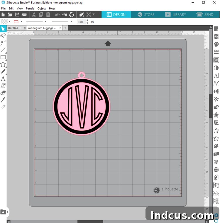 Screenshot of Silhouette Design Studio software with luggage tag design