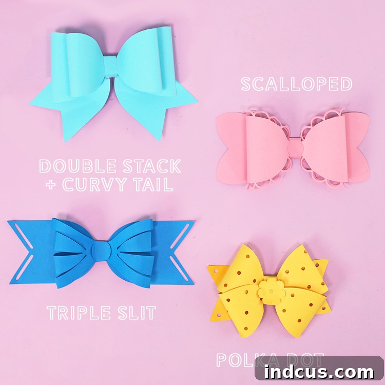 Collection of various 3D paper bow designs created with free SVG files.