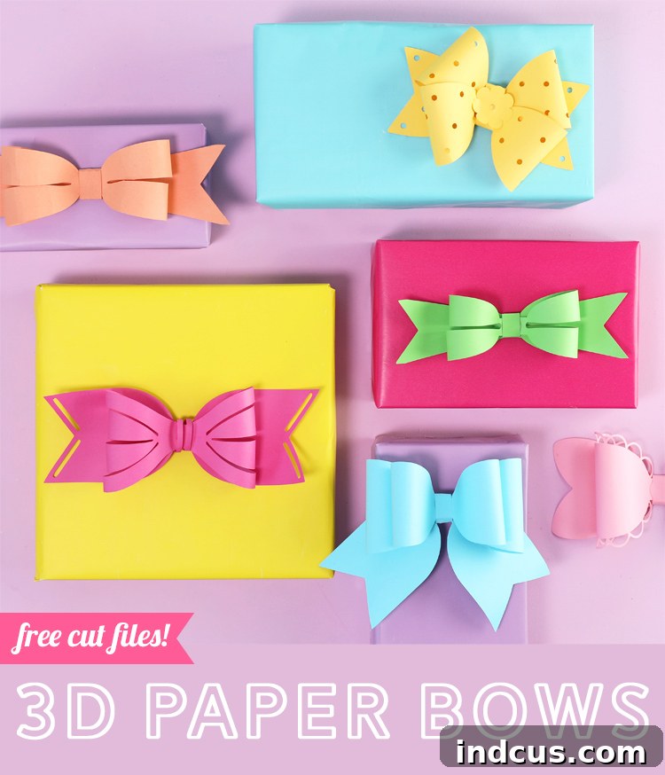 Pinterest graphic: 3D paper bows with free cut files tutorial.