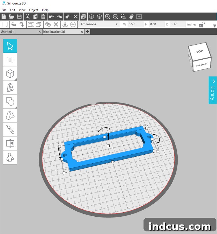 Customizable 3D Printed Labels 4 Silhouette 3D software interface showing the imported 3D label holder design, ready for customization
