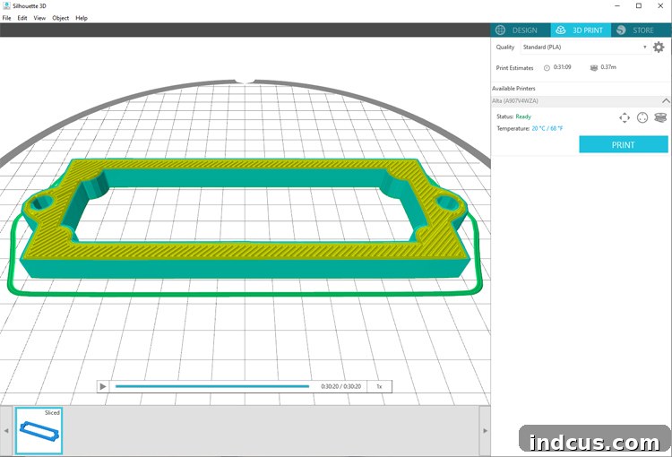 Customizable 3D Printed Labels 6 Screenshot of Silhouette 3D software showing print settings, including quality selection (STANDARD PLA) and print button