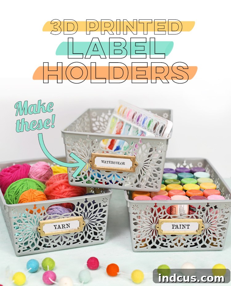 Customizable 3D Printed Labels 9 Pinterest graphic: Silhouette Alta 3D printed metallic gold label holders for craft room organization