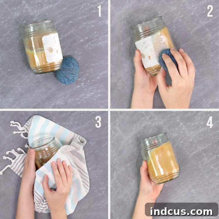 Step-by-step guide showing how to remove a sticky label from a glass jar using an SOS pad.