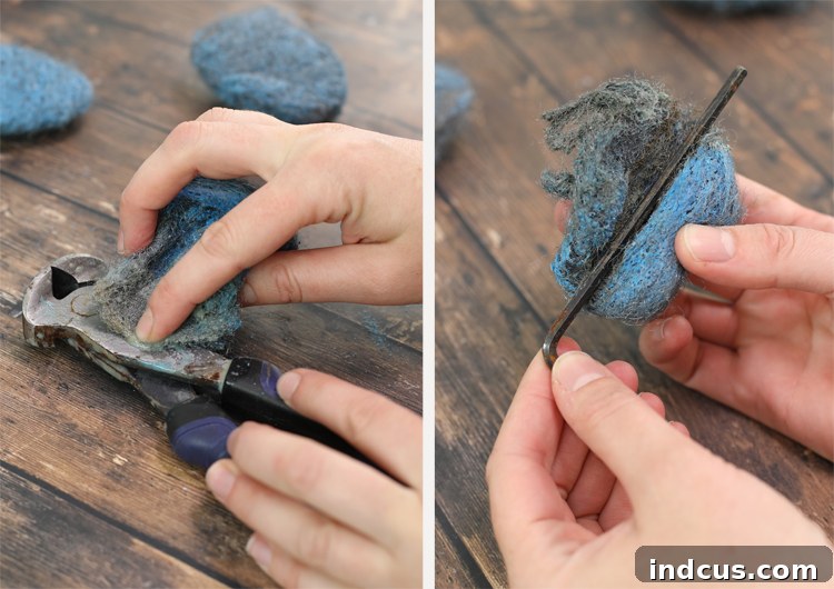 A hand scrubbing a rusty metal tool with an SOS pad, demonstrating rust removal.
