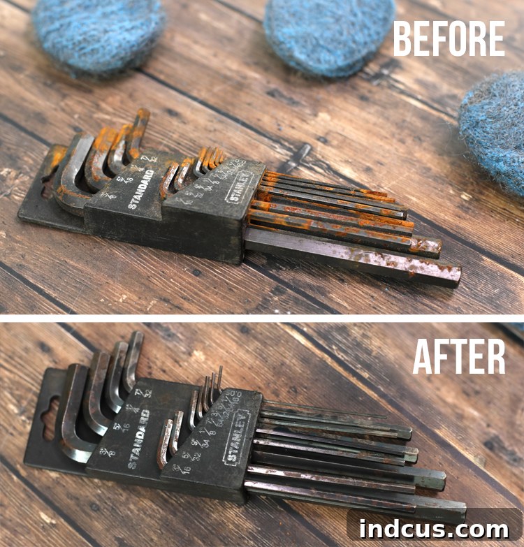 Before and after comparison of rusty tools cleaned with SOS pads, showing significant improvement.