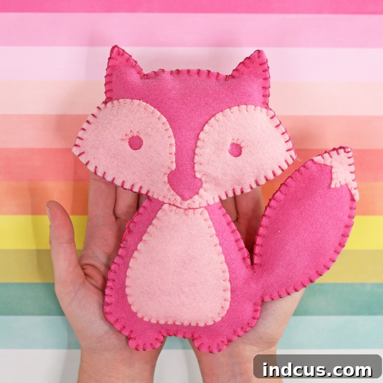 Handmade felt fox stuffed animal, showcasing perfect cuts for DIY toy