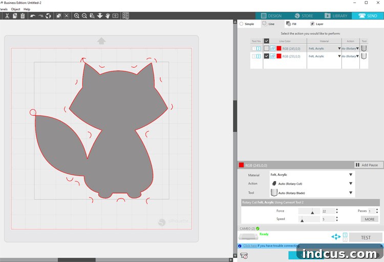 Silhouette Studio settings for cutting felt with rotary blade, showing precise configuration