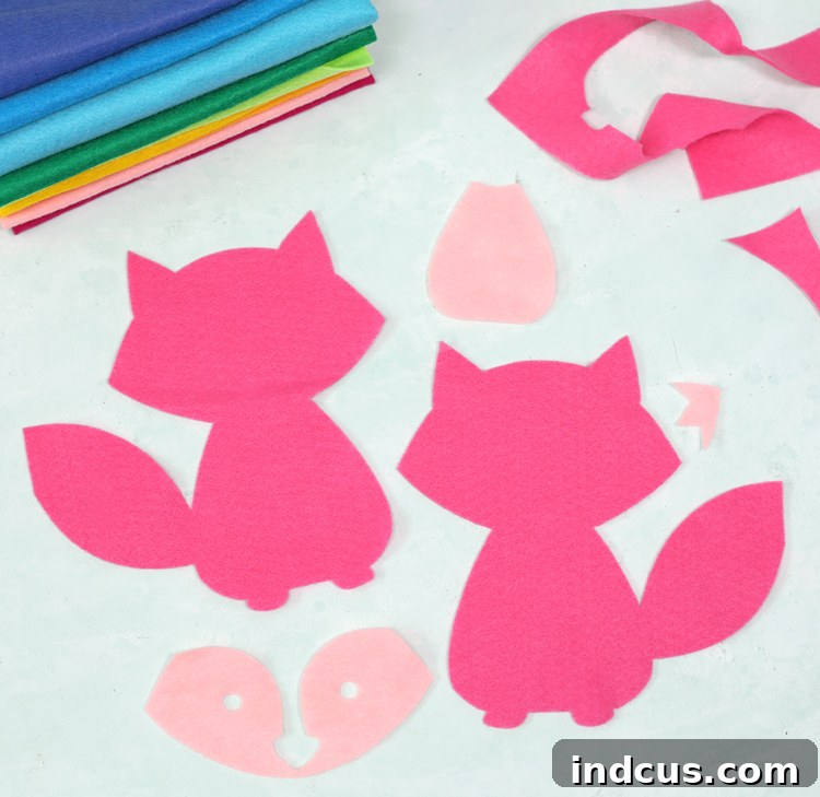 All felt pieces for a stuffed animal laid out, ready for assembly