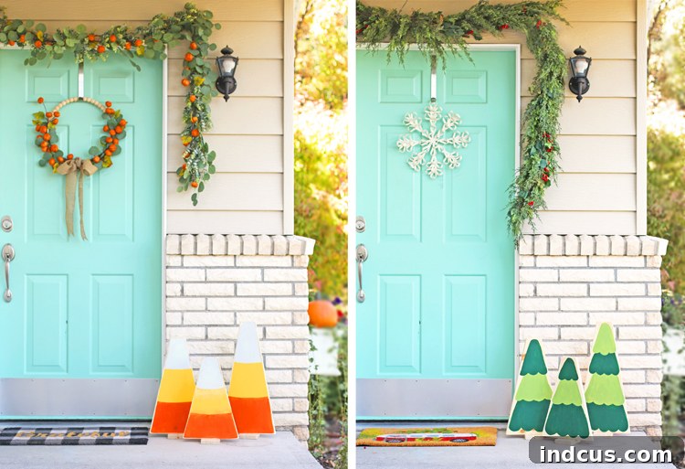 Reversible candy corn and Christmas tree DIY porch decor