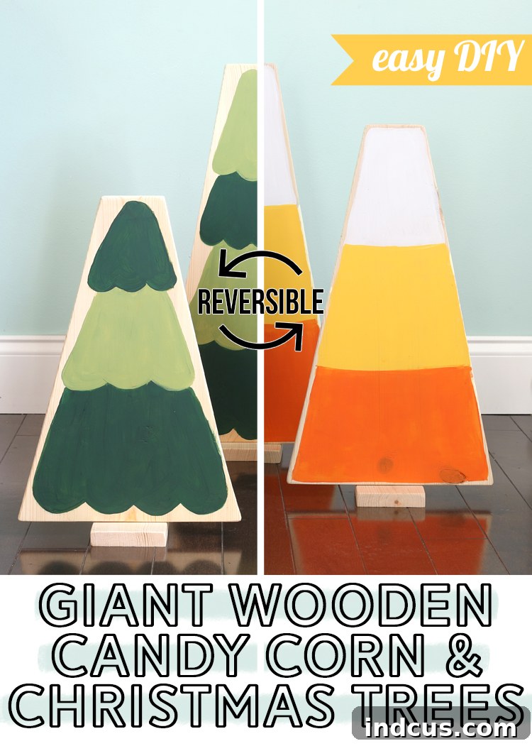 Giant wooden candy corn and Christmas trees, ideal for pinning on Pinterest