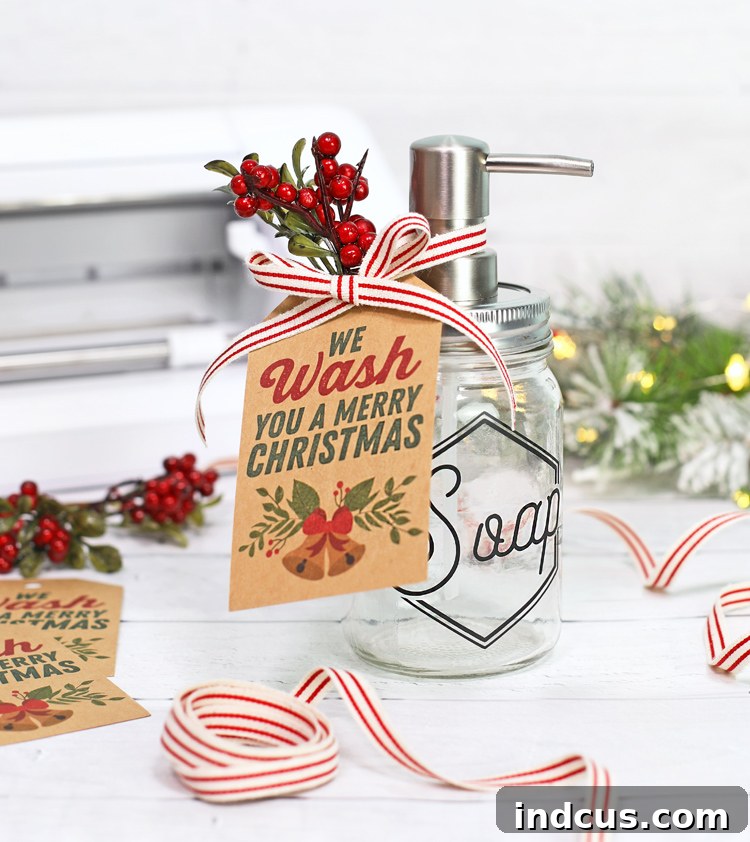 mason jar soap dispenser DIY with printable christmas tag