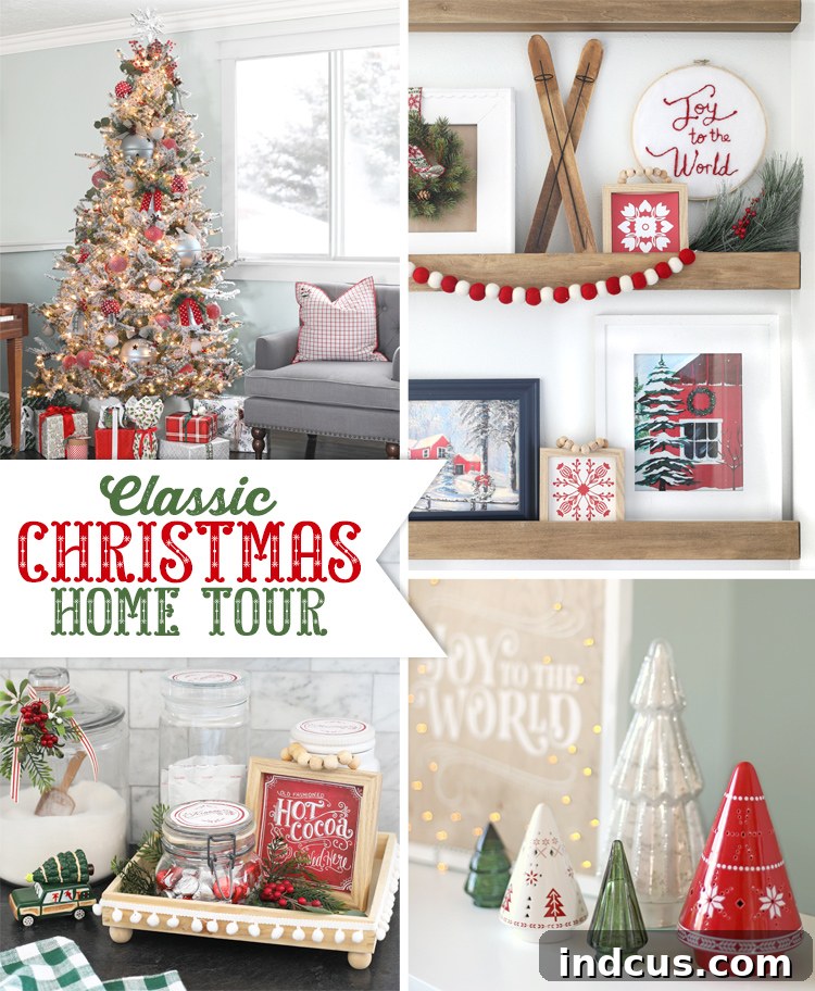Yuletide Charm: Inside Festive Homes 2 Cozy living room decorated for Christmas with a large, beautifully adorned Christmas tree, red and white accents, and festive lighting.