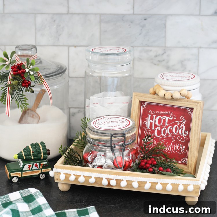 Yuletide Charm: Inside Festive Homes 11 Hot cocoa station with jars of treats arranged on a DIY wooden tray.
