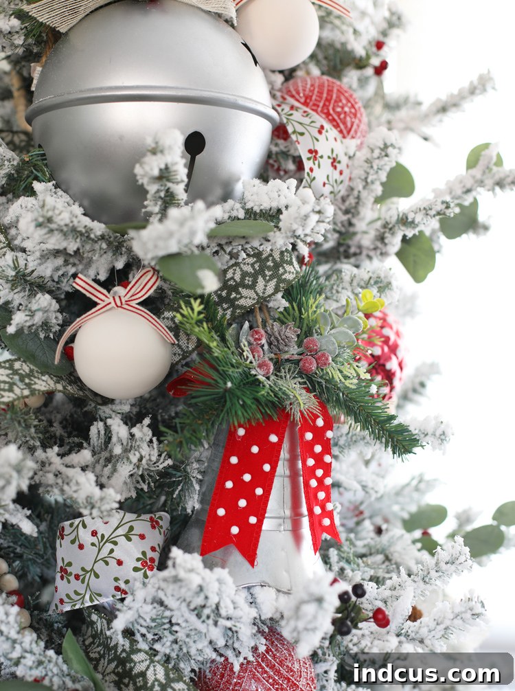 Yuletide Charm: Inside Festive Homes 4 Close-up of a Christmas tree with red, white, and silver ornaments, highlighting texture and detail.