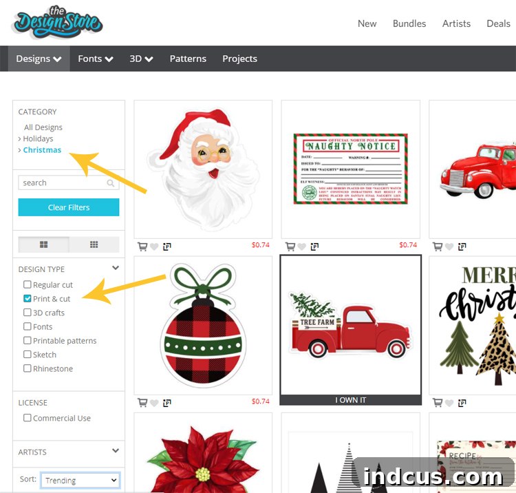Screenshot of Silhouette Design Store Print and Cut Files filter