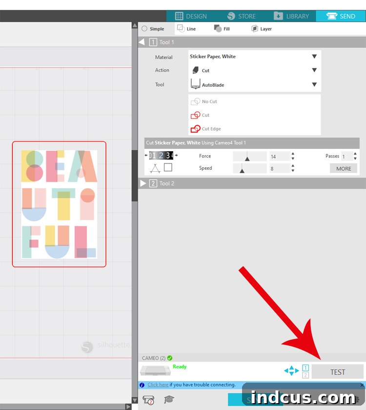 silhouette studio test cut button location